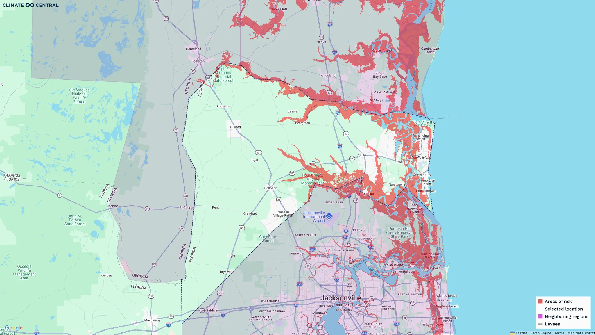 Coastal Risk Finder map of Nassau County, Florida, showing land below the annual flood level in 2050 under a 1.0 m global sea level rise pathway, based on NOAA 2022 sea level projections at the 50th percentile. (Coastal Risk Finder)